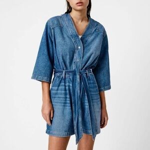 AllSaints Abbey Denim Jumpsuit Short Belted Onesie Romper Blue Sz 4
